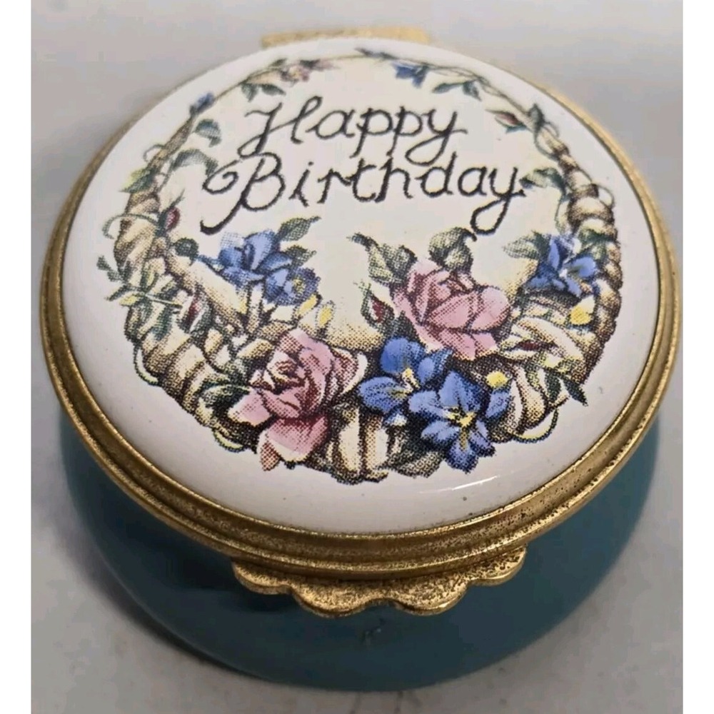 Kingsley Enamels 'Happy Birthday'‎ Porcelain Floral Trinket Box